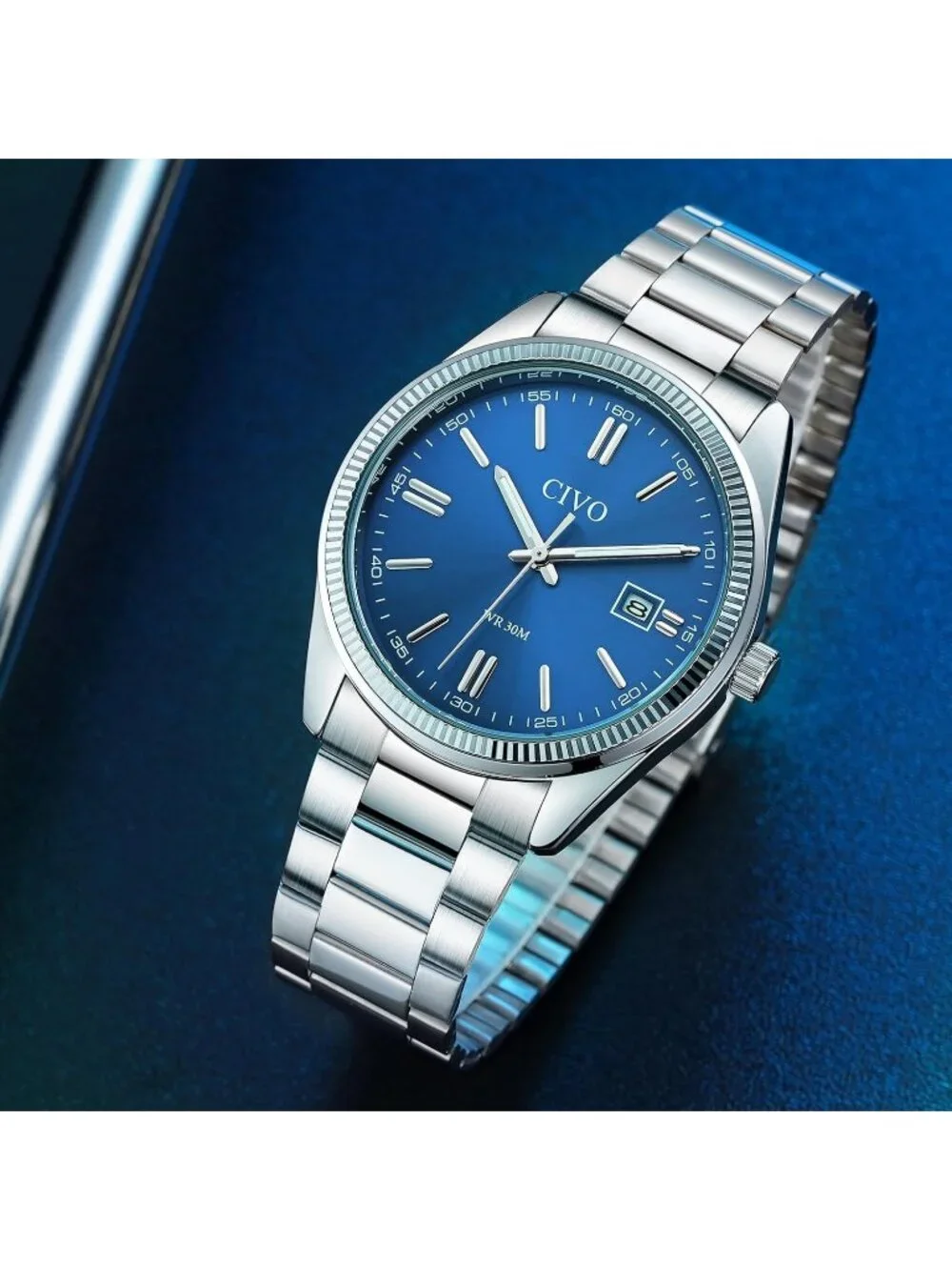 Mens Silver Blue Analog Quartz Skeleton Stainless Steel Round Casual Wrist Watch